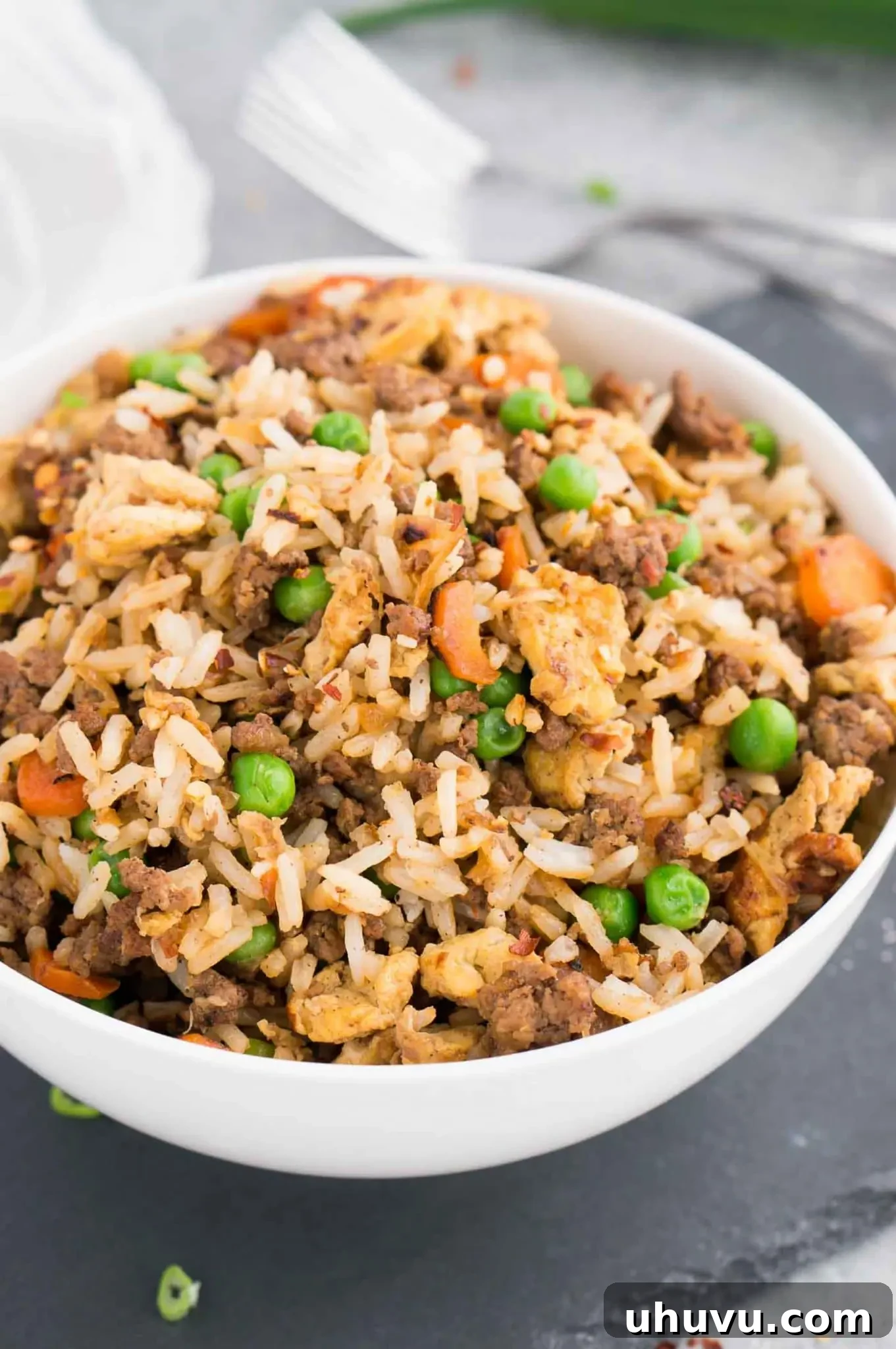 Wok-Fired Beef Rice 12 Ground beef fried rice recipe served in a bowl, ready to eat