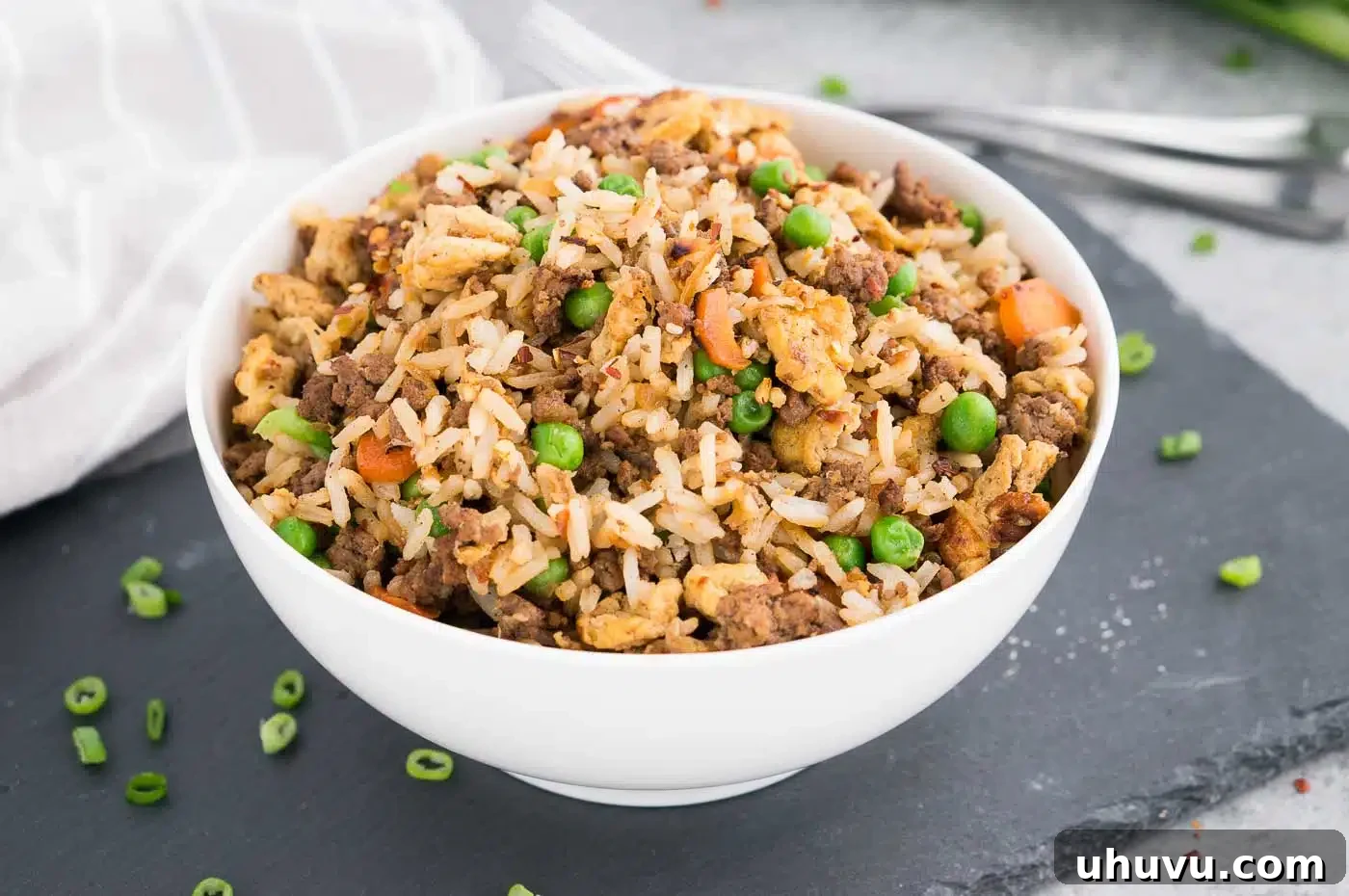 Wok-Fired Beef Rice 3 Fried rice with beef in a bowl, showing texture and ingredients