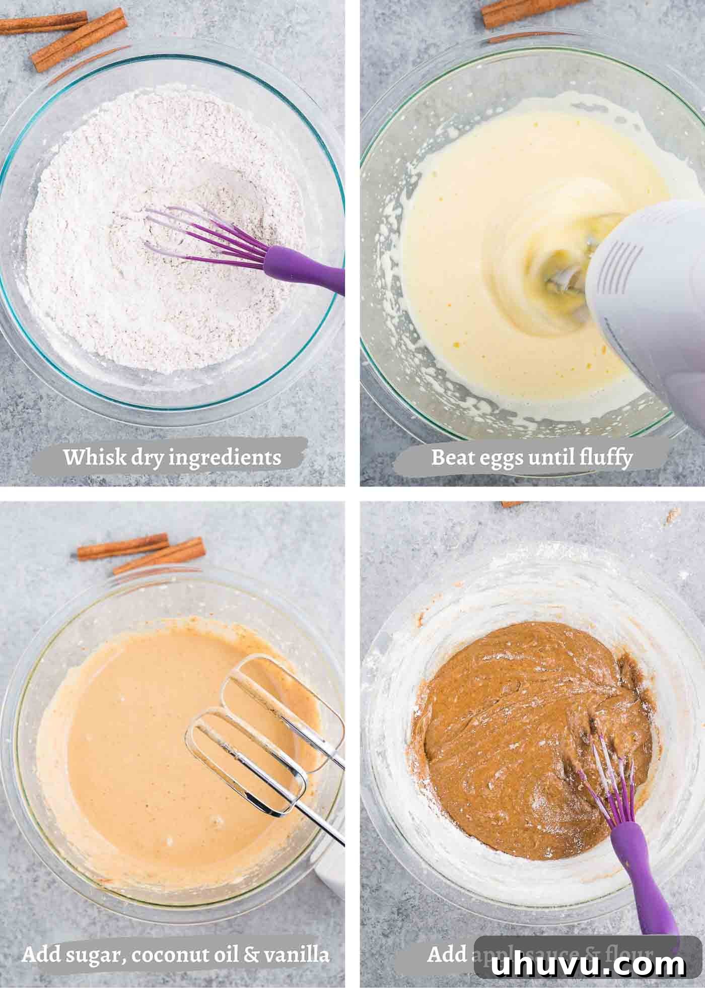Spiced Apple Hearth Cake 5 Step-by-step process of mixing the applesauce cake batter in bowls.