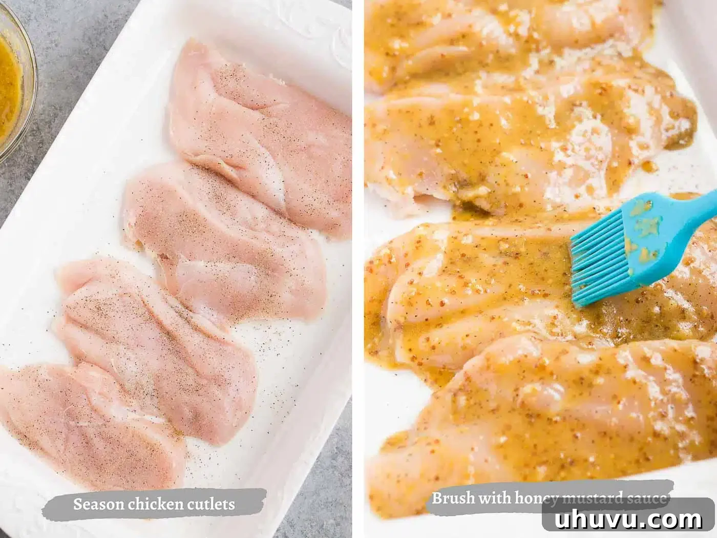 Step-by-step photos showing chicken being prepped and coated with honey mustard sauce in a baking dish