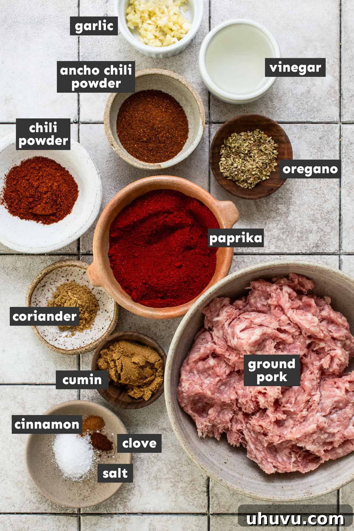 Ingredients for homemade Mexican chorizo laid out on a table.