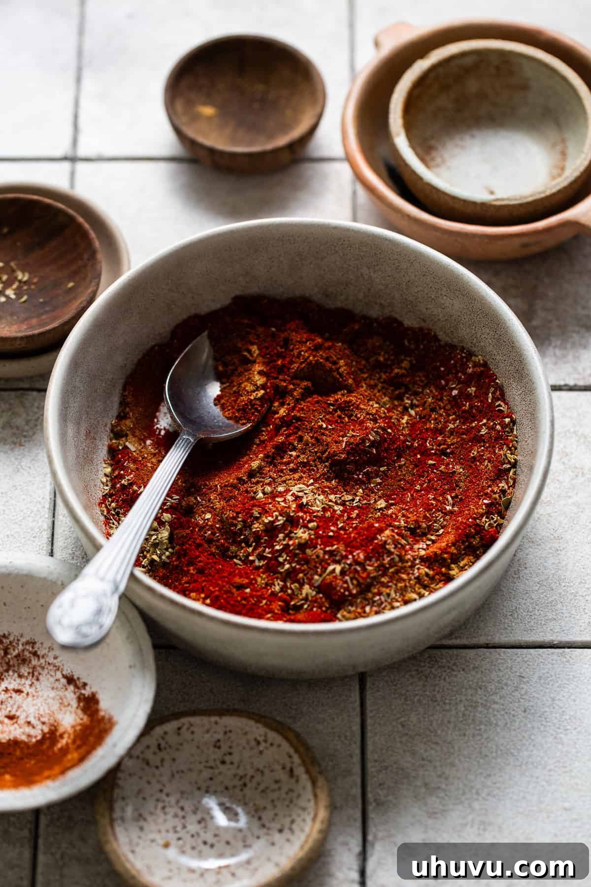 Dried spices mixed together in a small bowl, ready to be added to ground pork.