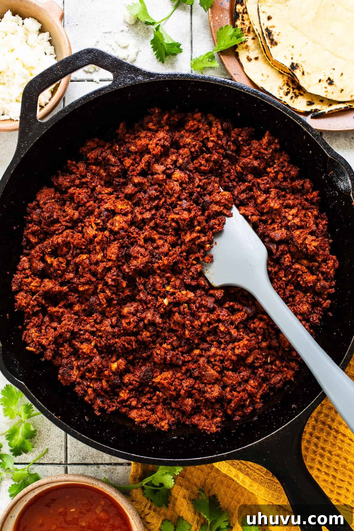Cooked chorizo in a skillet, ready to be served in various Mexican recipes.