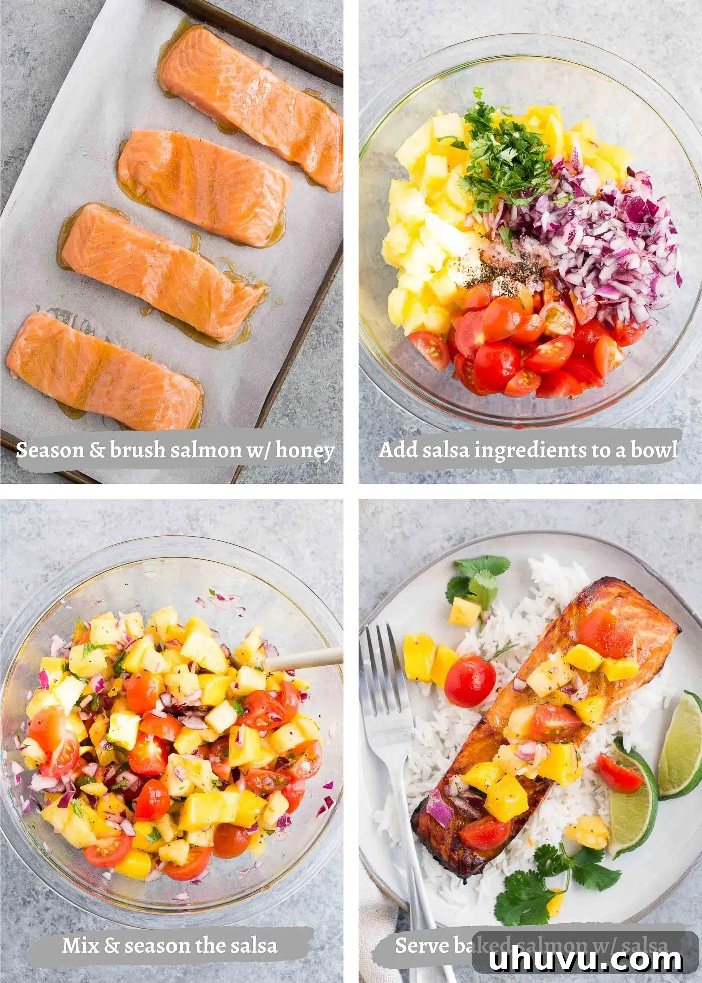 Process images of making salmon with mango pineapple salsa