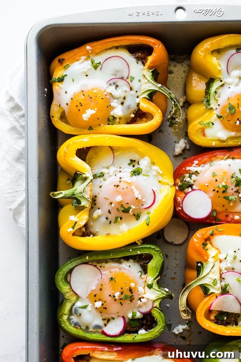 Sunrise Stuffed Peppers 2 Baked Breakfast Stuffed Peppers in a glass baking dish, ready to be served.