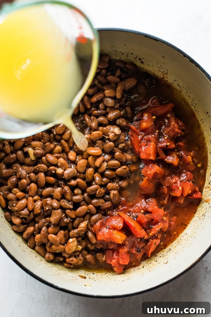Quick Comfort Pinto Bean Soup 4 Pinto beans and diced tomatoes in a pot