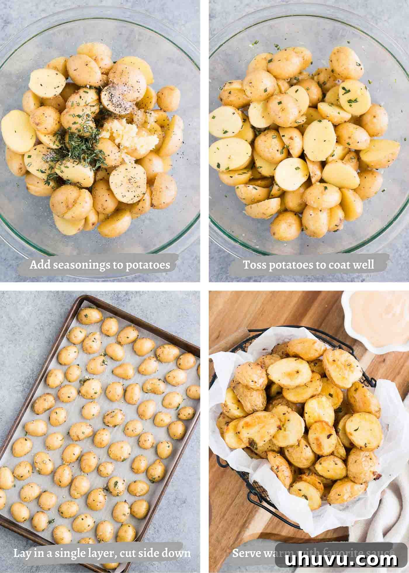 Golden Herb Roasted Baby Potatoes 5 A sequence of images demonstrating the process of making roasted baby potatoes, from seasoning to final roast.