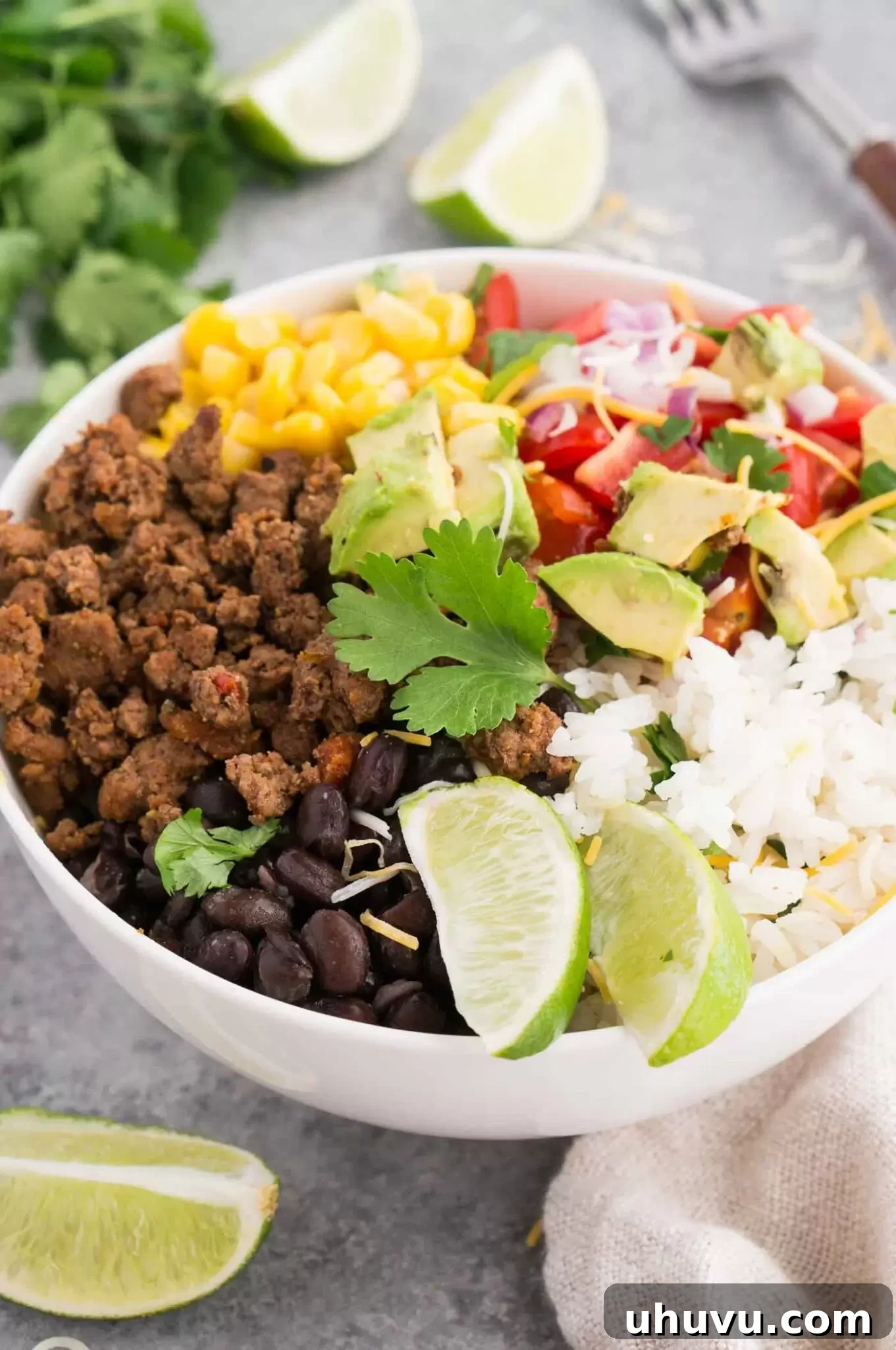 Close up image of a delicious beef taco bowl, topped with fresh ingredients.
