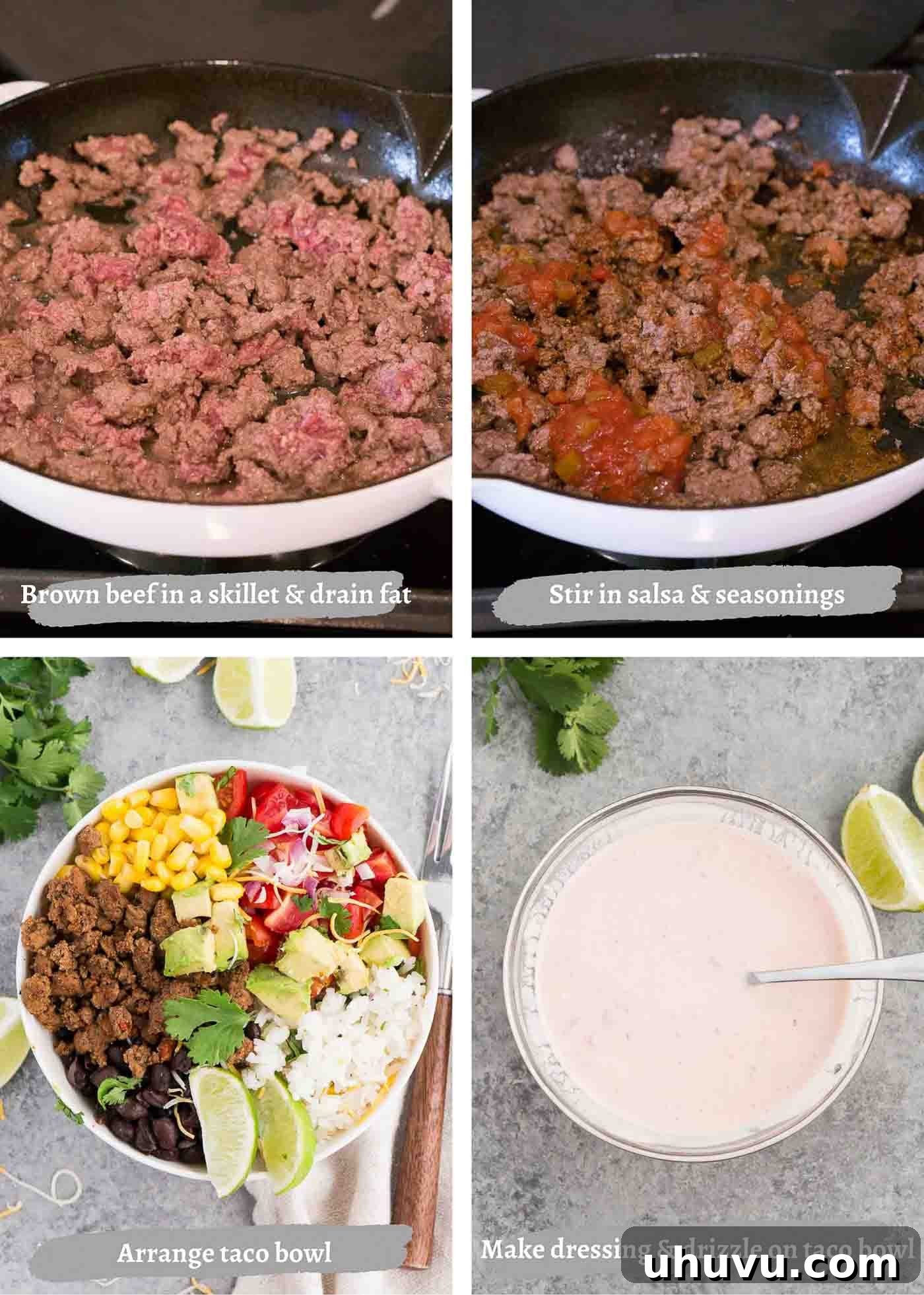Loaded Taco Bowl 6 A sequence of process images showing the steps of making taco bowls, from cooking beef to final assembly.