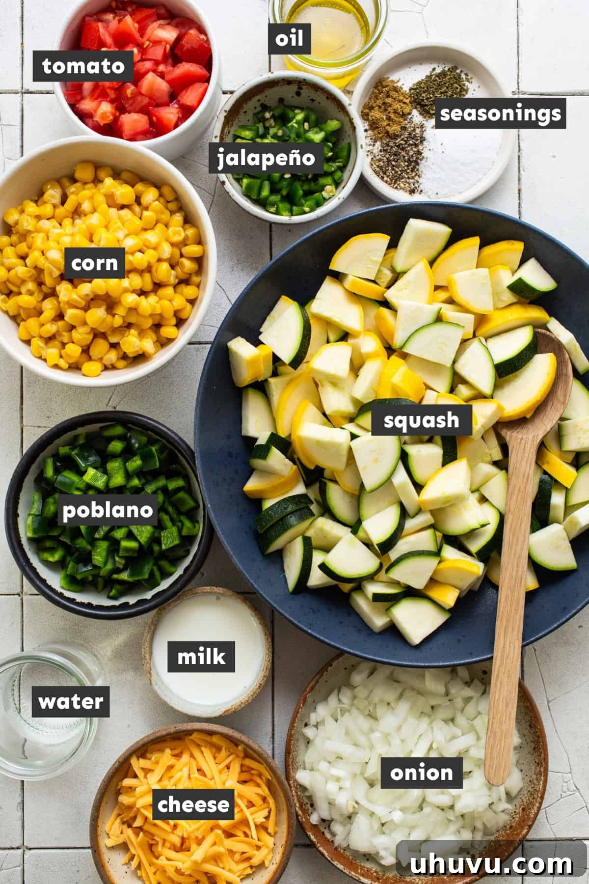Garden Squash Medley 3 Ingredients for calabacitas on a table ready to use.