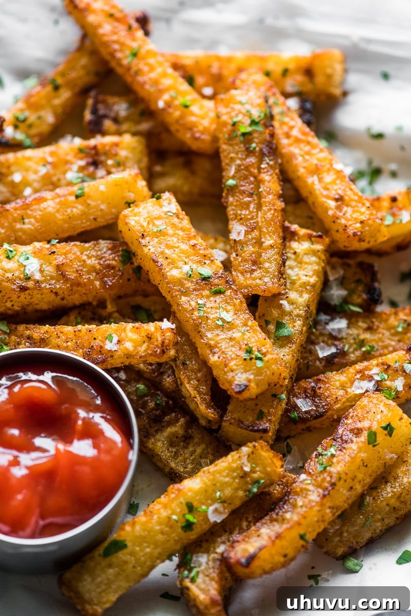 Crispy jicama fries on a plate seasoned with salt, served as a healthy alternative.
