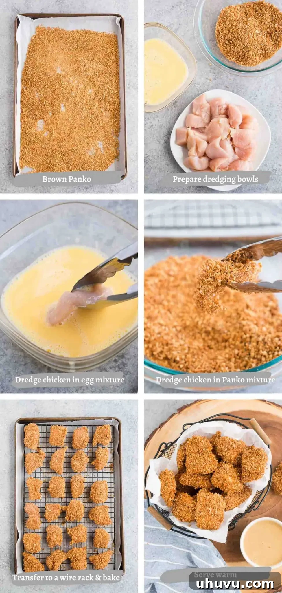 process of making baked chicken nuggets, showing breading steps for a visual guide