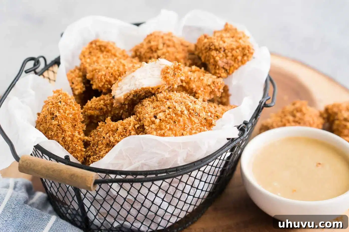 Crispy Homemade Chicken Nuggets 8 tender and crispy chicken bites in a basket, freshly baked and ready to eat