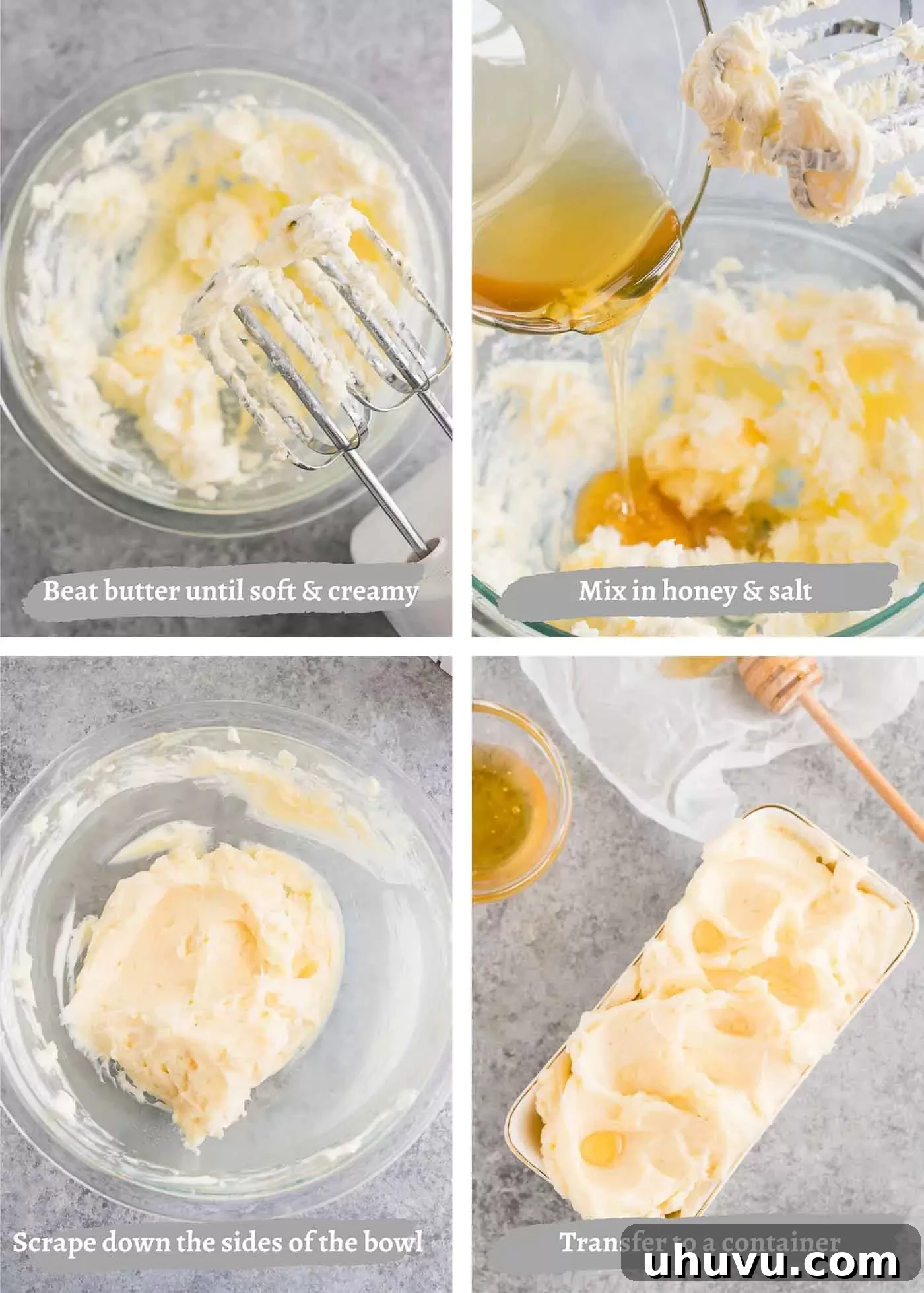 Step-by-step images showing the process of making honey butter with a hand mixer, from creaming butter to mixing in honey and salt