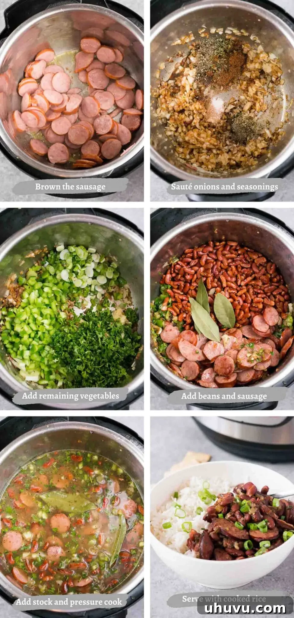 Southern Comfort Instant Pot Red Beans and Rice 5 Collage of step-by-step images showing the process of making red beans and rice in the Instant Pot.