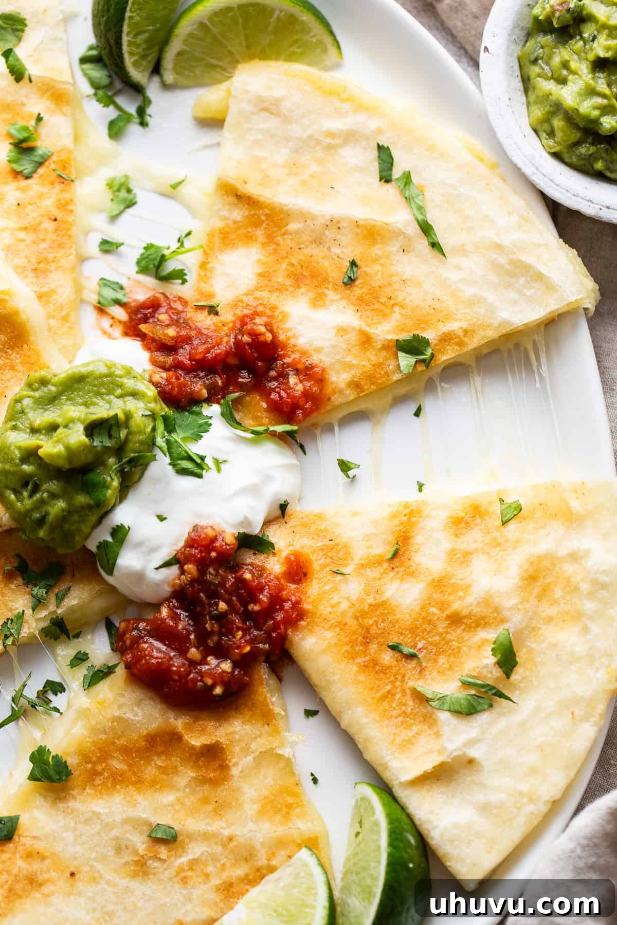 Irresistible Cheesy Quesadilla 7 Cheese quesadillas on a plate served with salsa, sour cream, and guacamole.