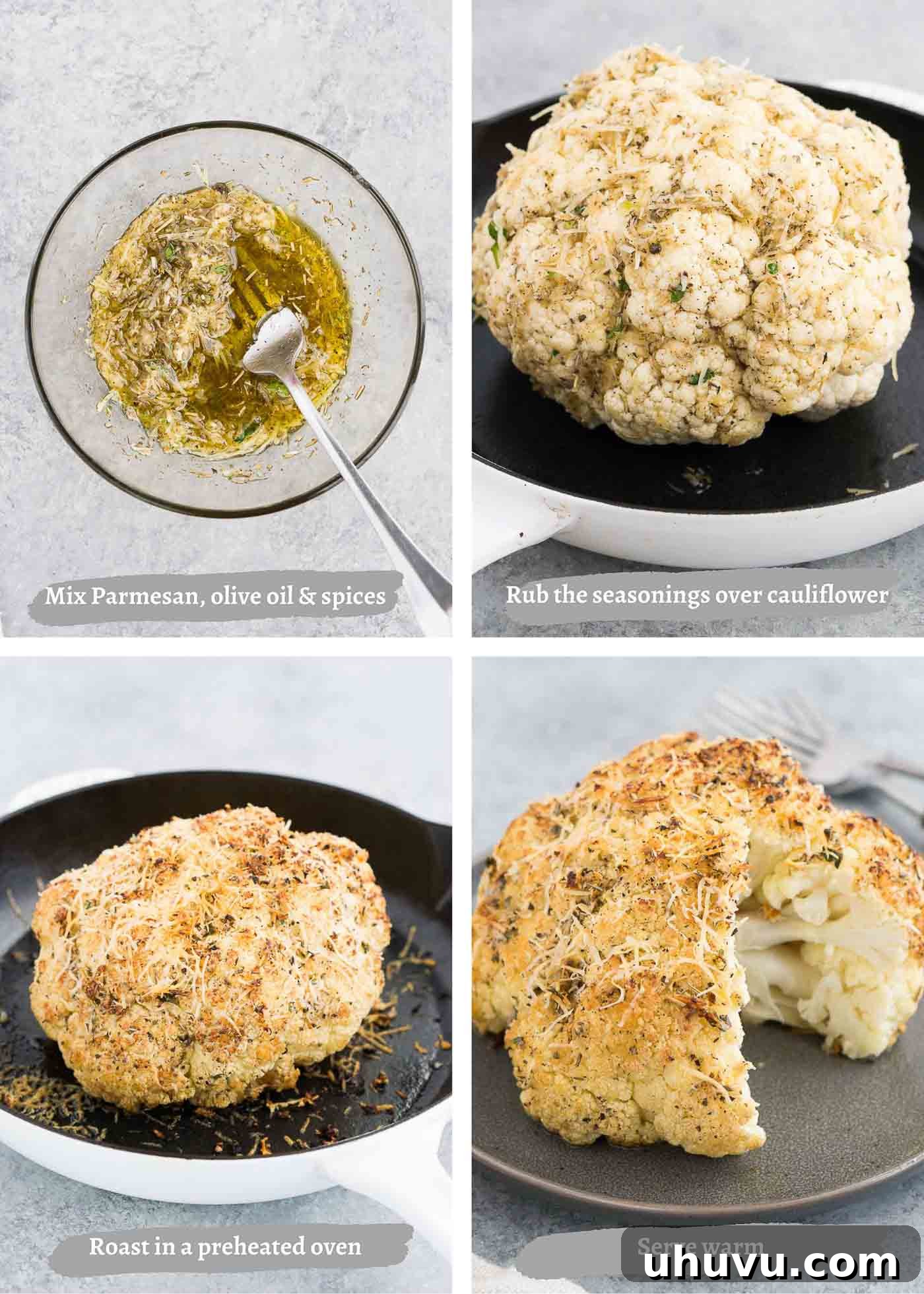 Showstopping Whole Roasted Cauliflower 4 Step-by-step process of preparing and roasting a whole cauliflower