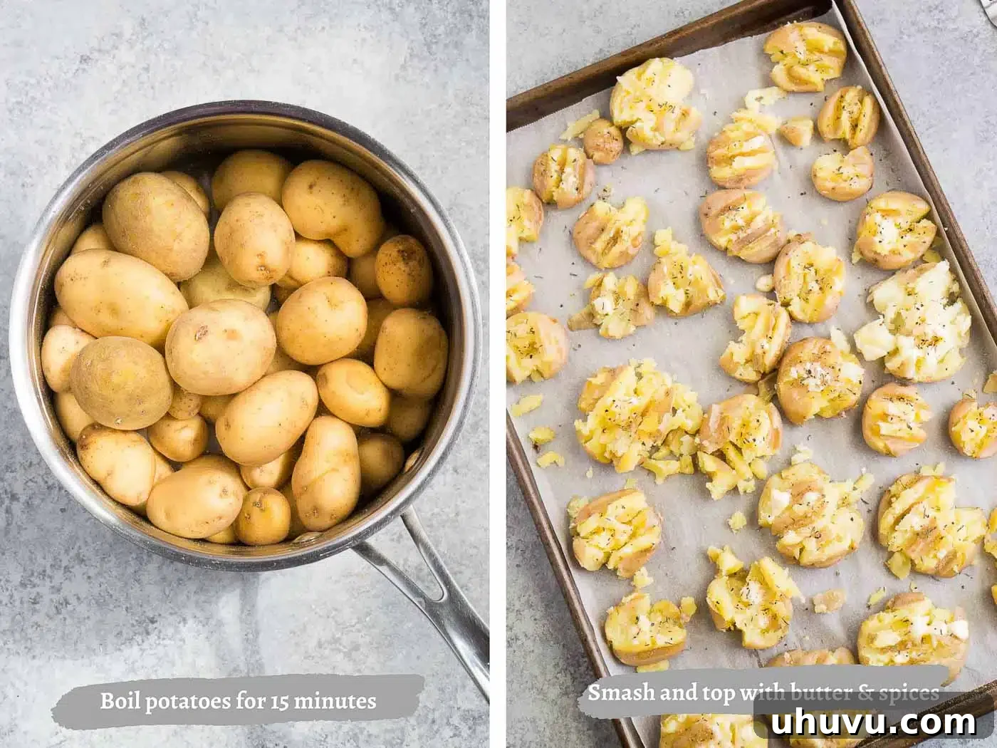 Process images showing how to make roasted baby potatoes: boiled, smashed, seasoned, and roasted
