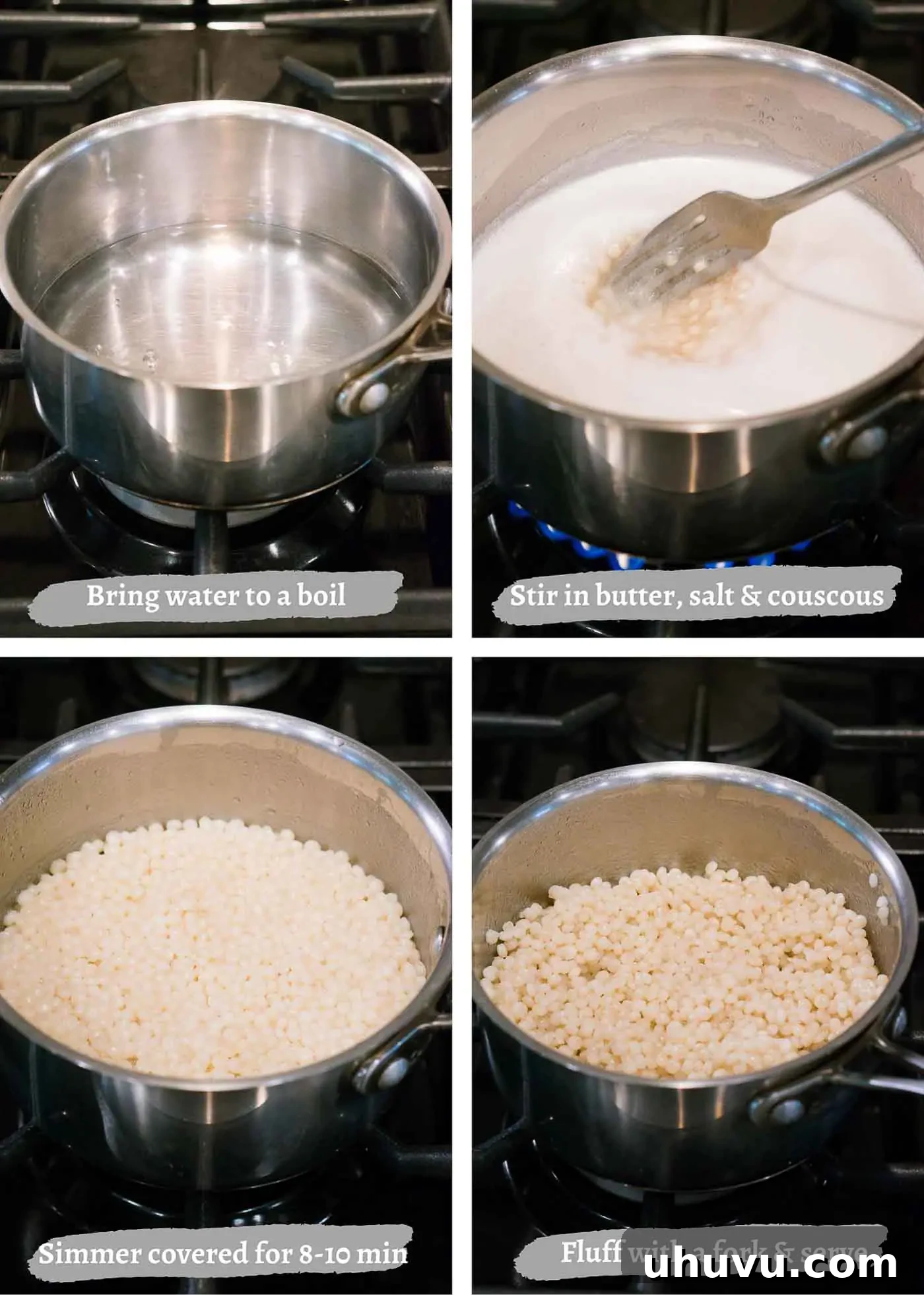Process images showing couscous cooking on the stovetop, from boiling liquid to fluffed grains.