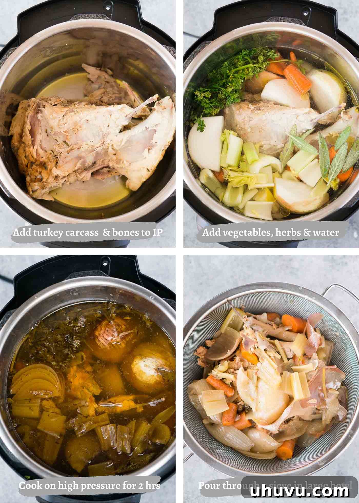Homemade Turkey Stock 5 Collage showing the step-by-step process of making homemade turkey stock, from combining ingredients to simmering