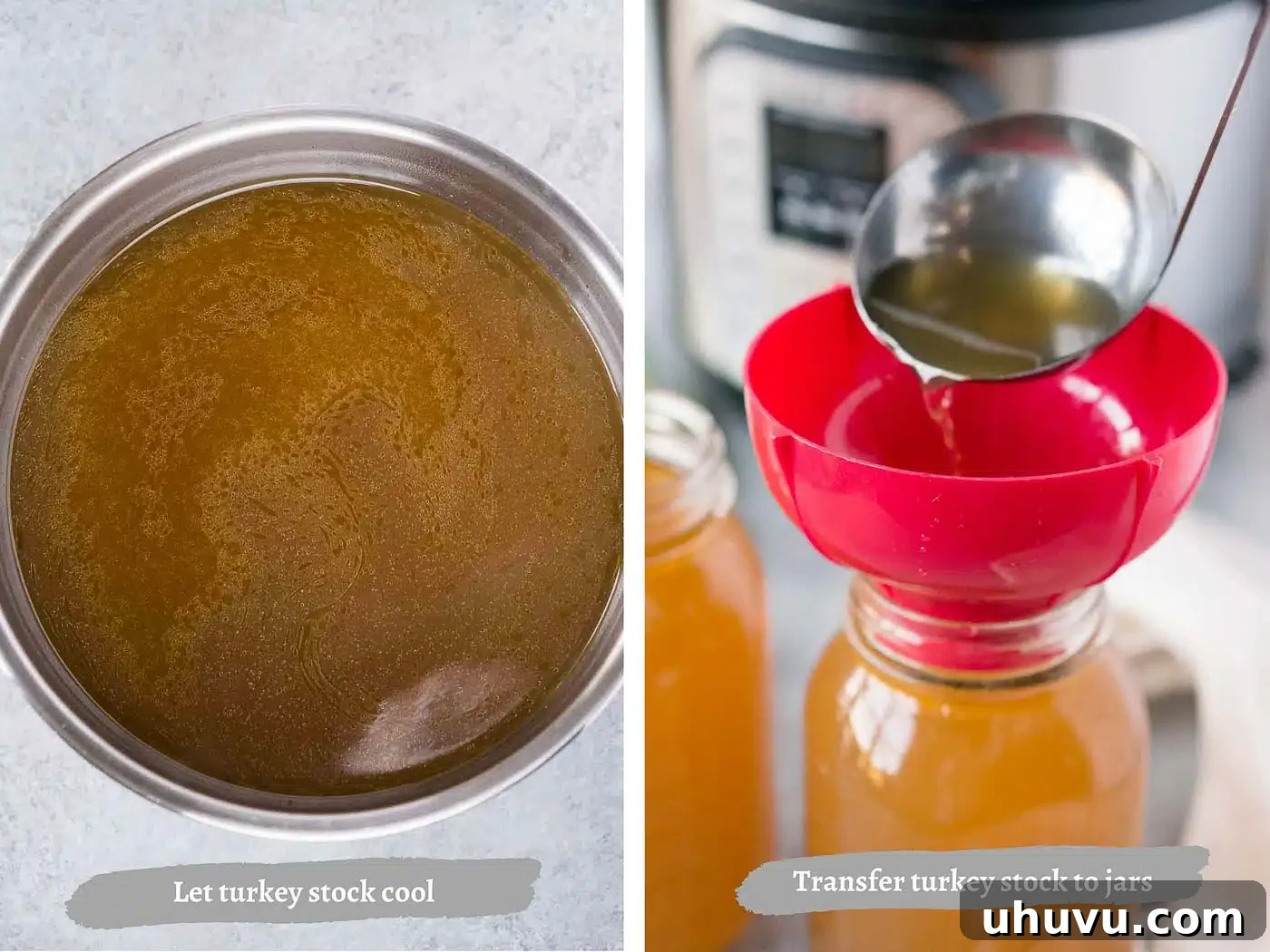 Straining freshly made turkey stock and pouring it into glass jars for storage