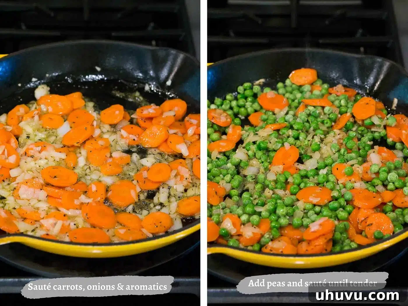 process images of making carrots and peas with onion