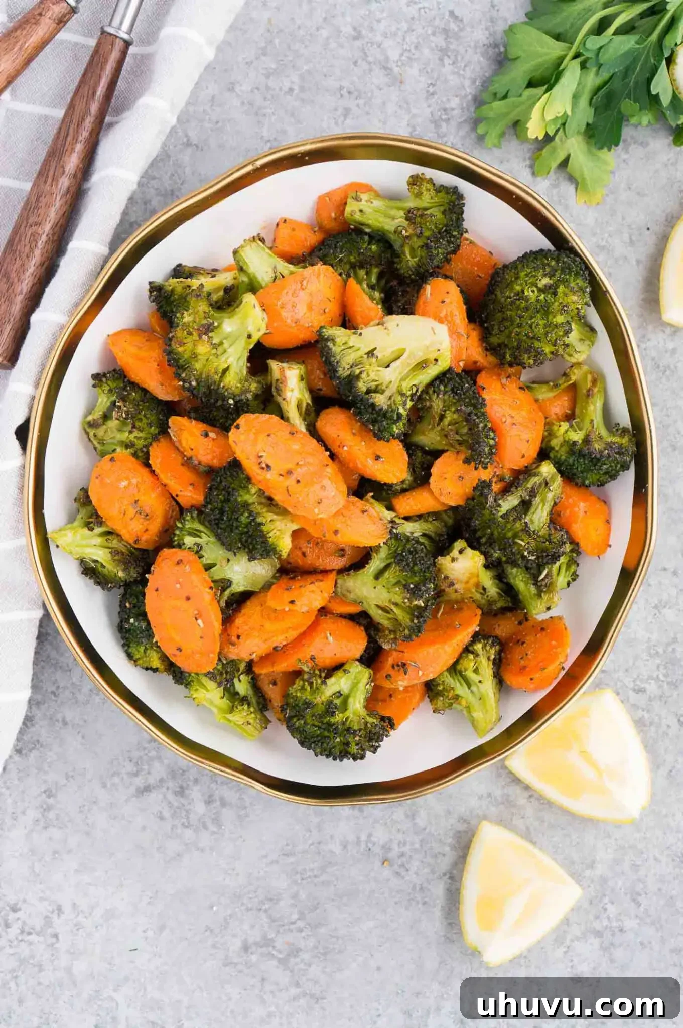 image from top of roasted vegetable side dish for Thanksgiving in a bowl