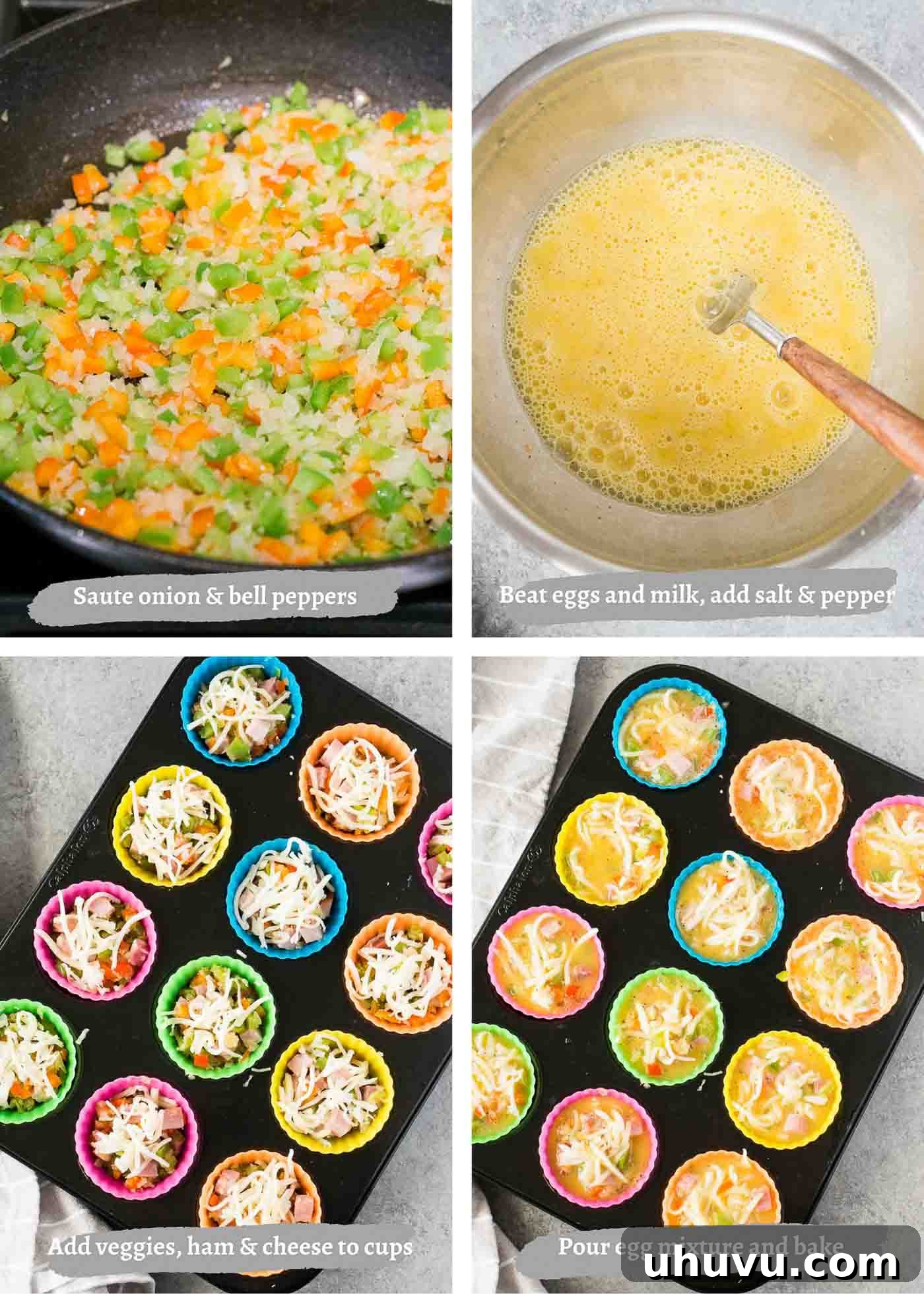 Savory Ham and Cheese Morning Muffins 5 Step-by-step process of making ham and cheese breakfast muffins