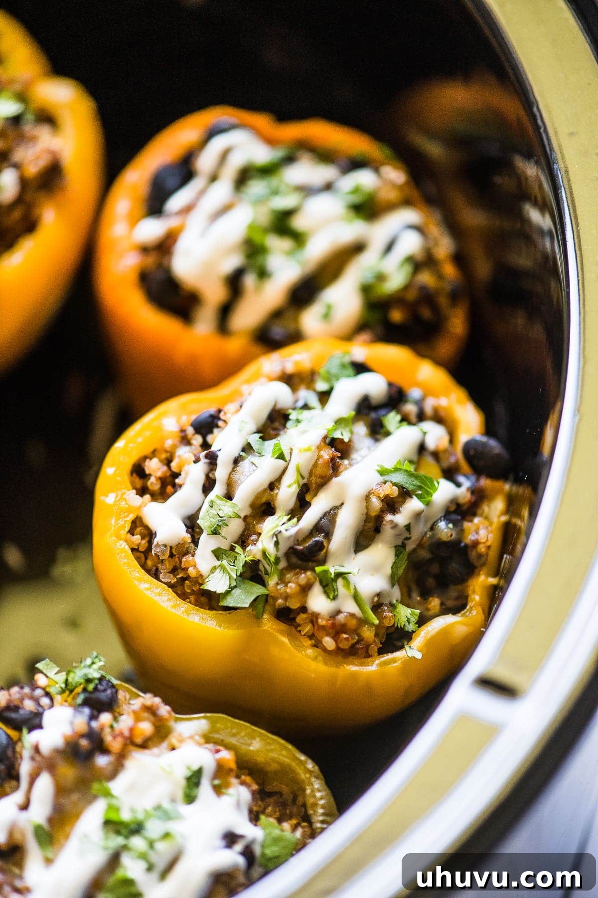 Slow-Cooked Stuffed Pepper Perfection 2 Crockpot stuffed peppers in a slow cooker.
