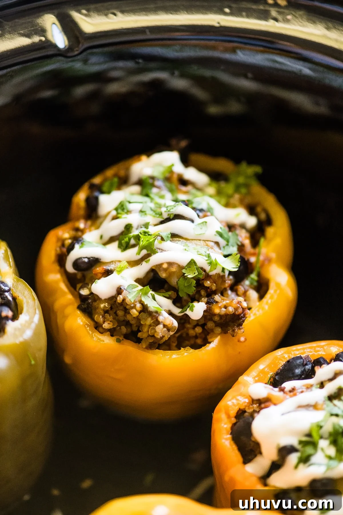 Slow-Cooked Stuffed Pepper Perfection 5 Crockpot stuffed peppers ready to eat.