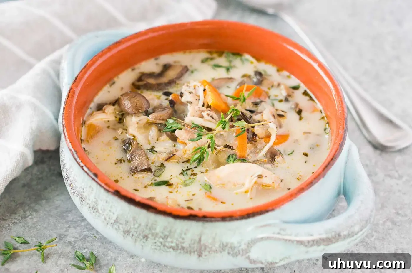 close up image of chicken wild rice soup in a clay bowl
