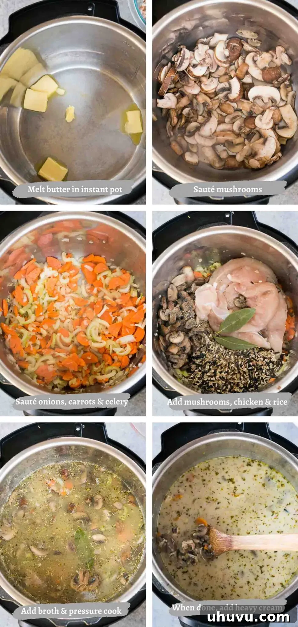 process images of making chicken rice soup in the instant pot