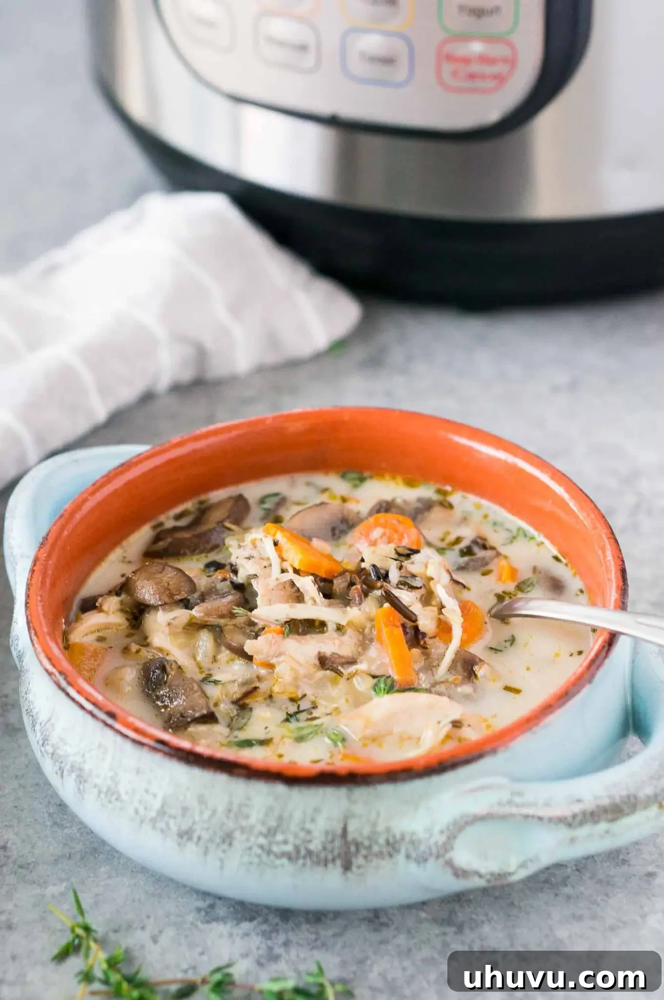instant pot chicken mushroom rice soup in a bowl, ready to serve