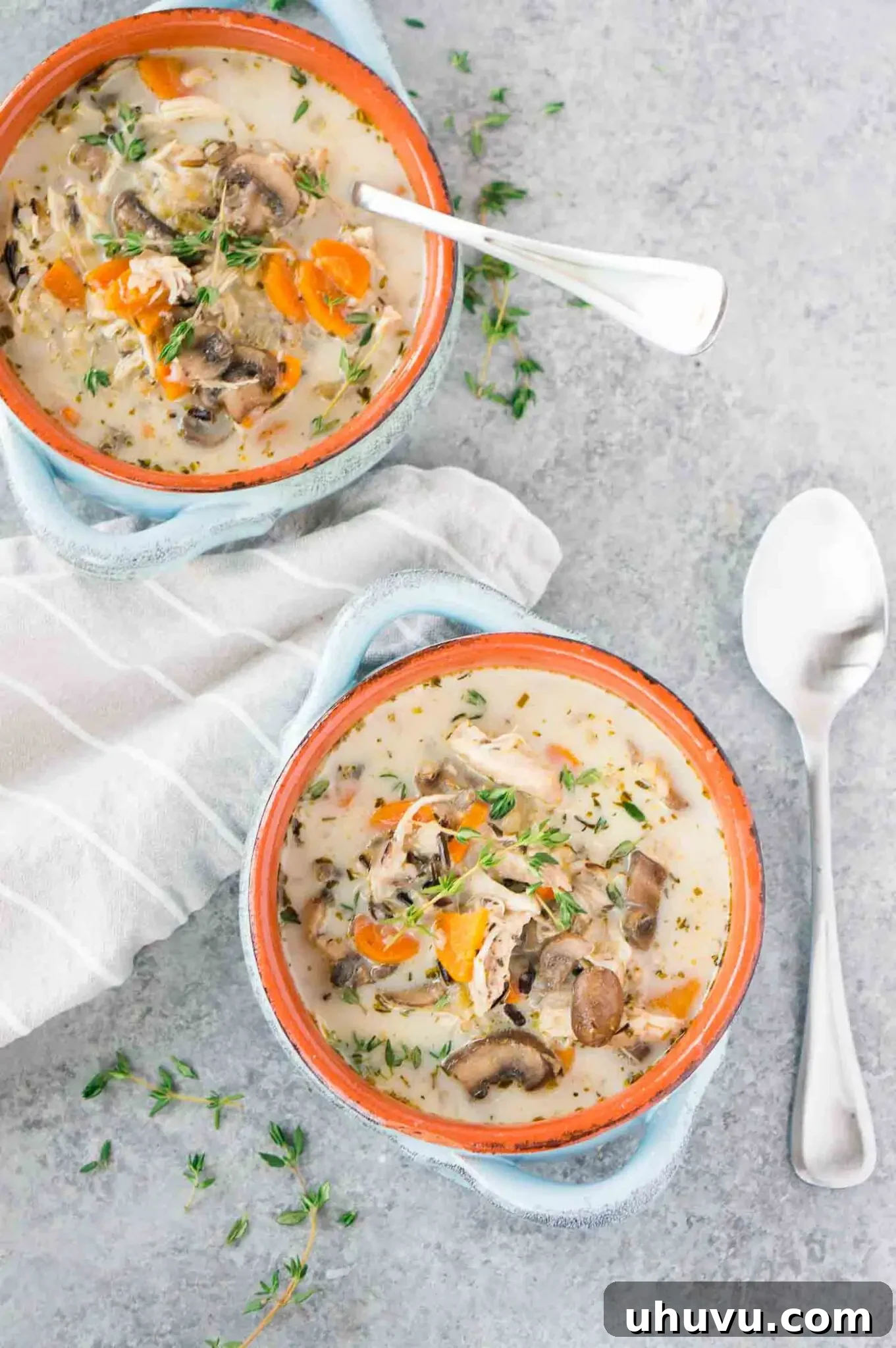 creamy chicken rice soup in two clay bowls, perfect for sharing
