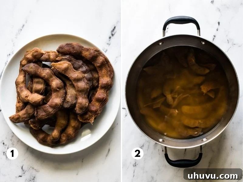 Tropical Tamarind Delight 4 Peeled tamarind pods soaking in water, next to sugar and a pitcher.
