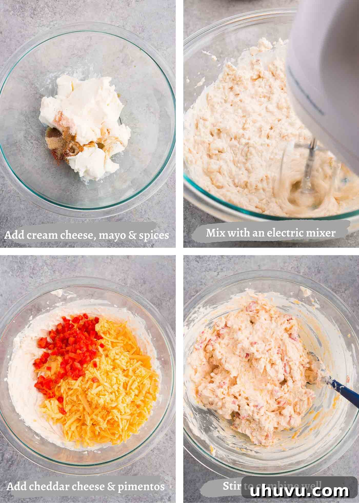 Southern Spread Sensation 5 A step-by-step visual sequence illustrating the mixing process of making pimento dip.