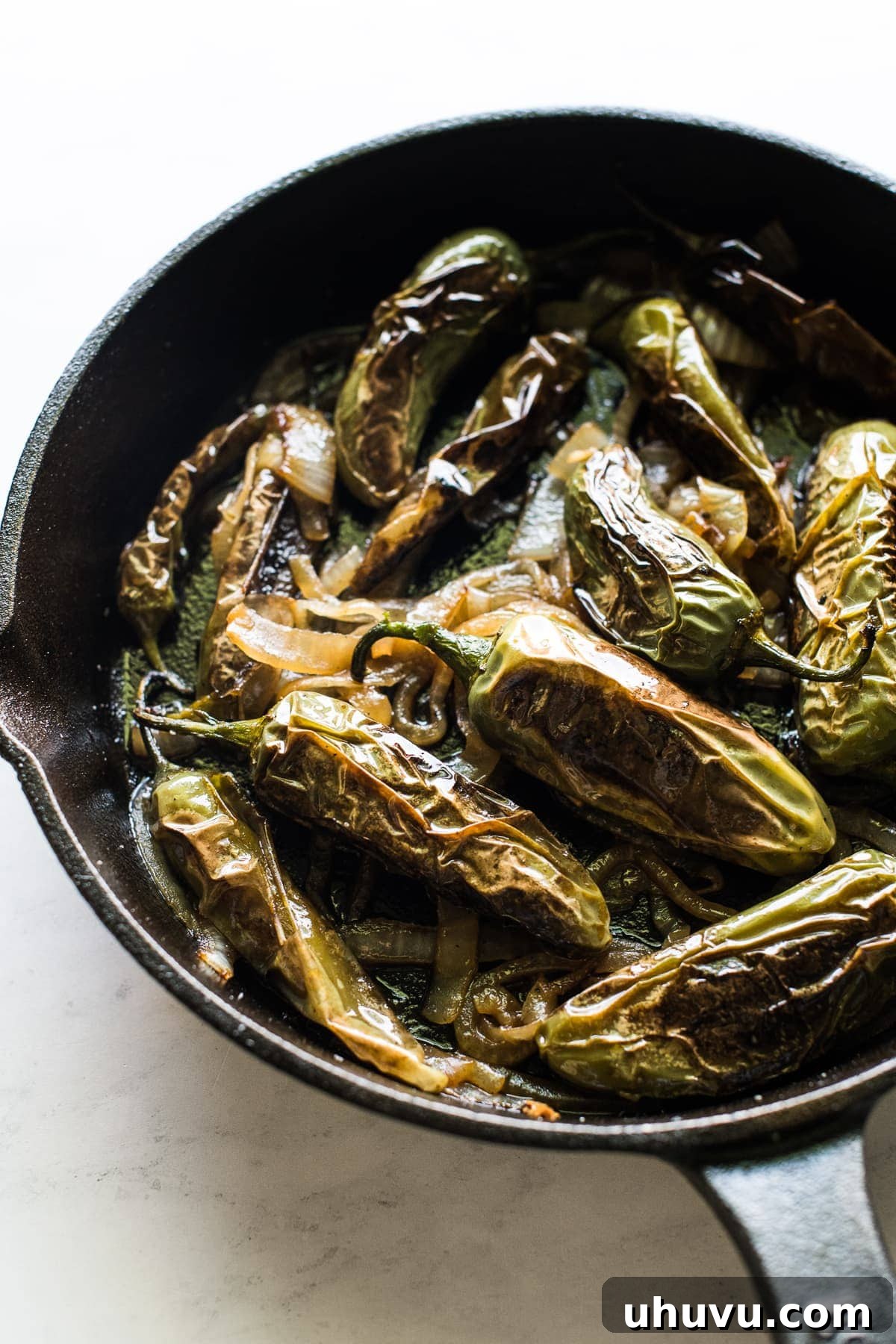 Smoky Mexican Chiles 2 Chiles toreados in a skillet, showcasing beautifully blistered peppers.