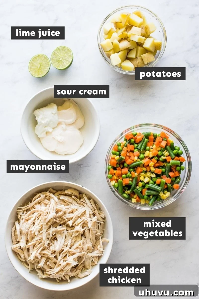 Classic Chicken Salad 3 Fresh ingredients laid out for making Ensalada de Pollo, including chicken, potatoes, mixed vegetables, and dressing components.