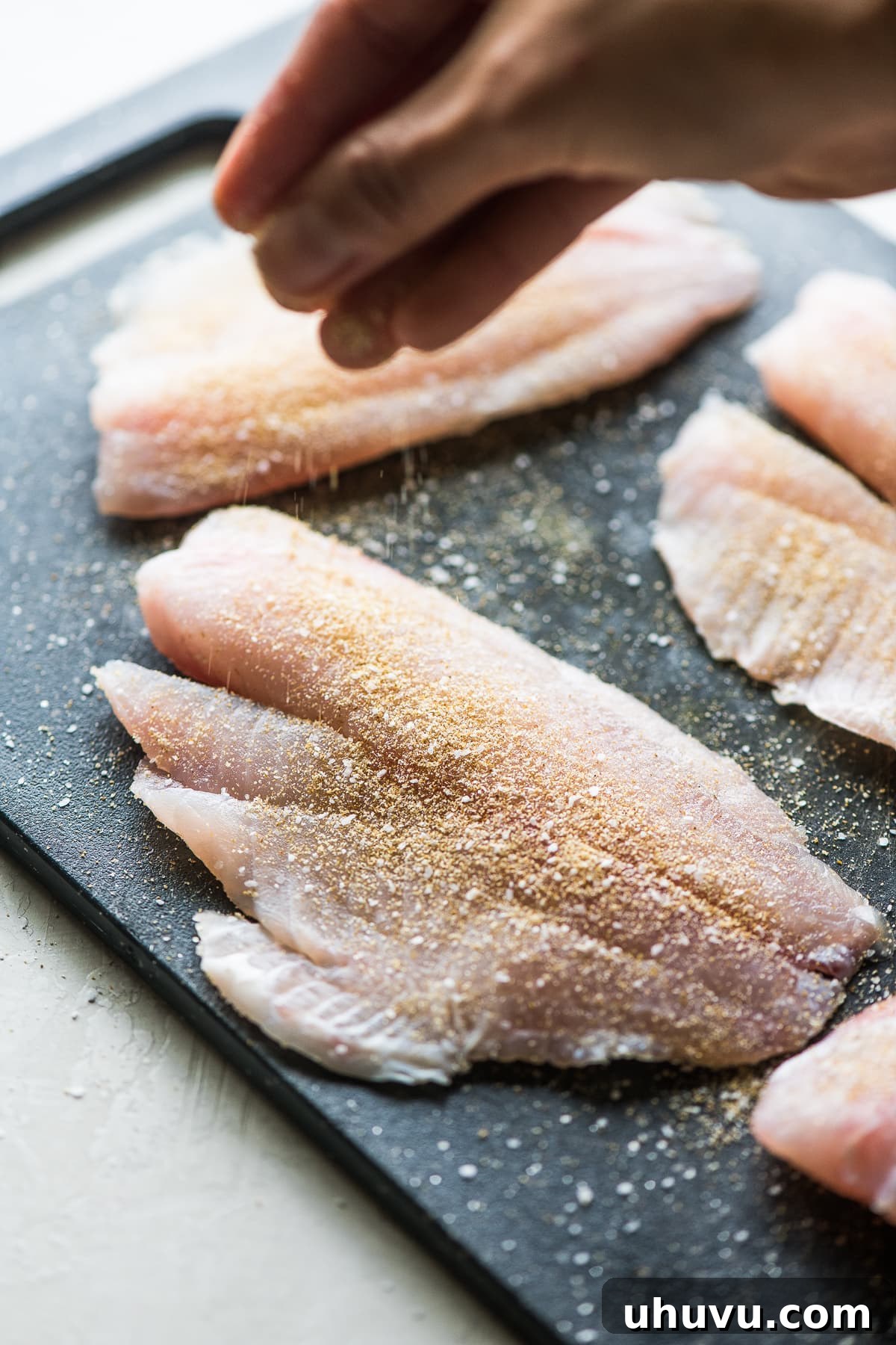 Sizzling Tilapia Tacos 3 Raw tilapia fillets seasoned with a blend of cumin, garlic powder, onion powder, and salt, ready for cooking.