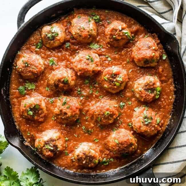 Mexican meatballs in a skillet with chipotle tomato sauce, garnished with fresh cilantro.