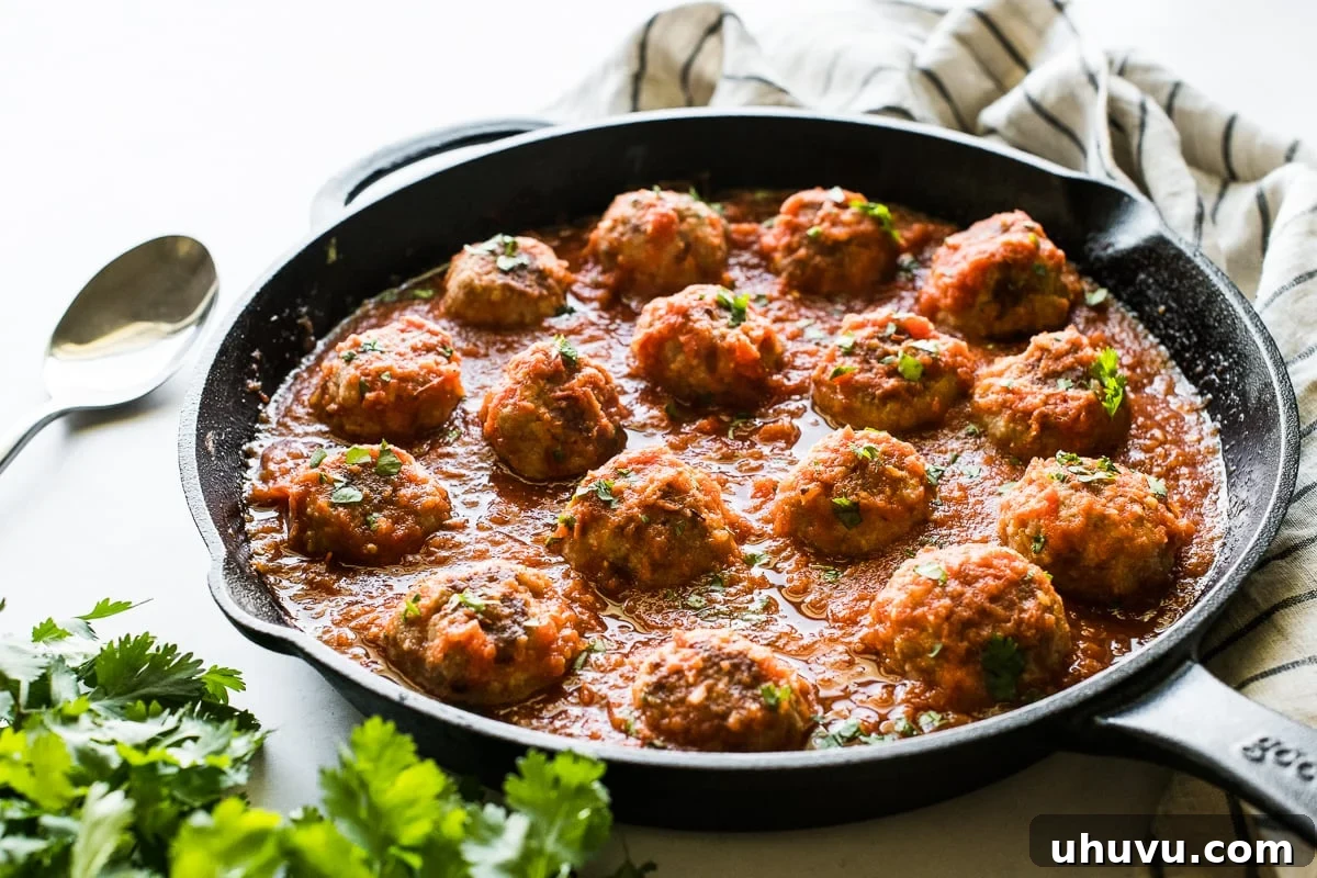 Spicy Albondigas 3 Mexican pork meatballs simmering in chipotle tomato sauce in a cast iron skillet.