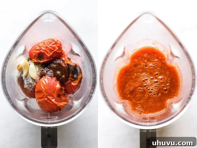 Spicy Albondigas 5 Ingredients for chipotle tomato sauce being blended, including roasted tomatoes, chipotles, garlic, and oregano.