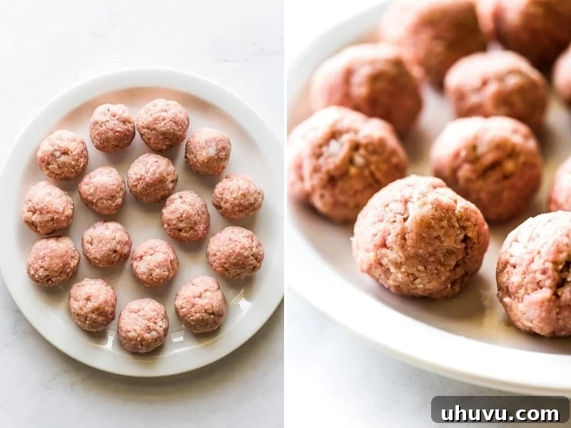 Spicy Albondigas 7 Rolled Mexican meatballs on a plate, uncooked.