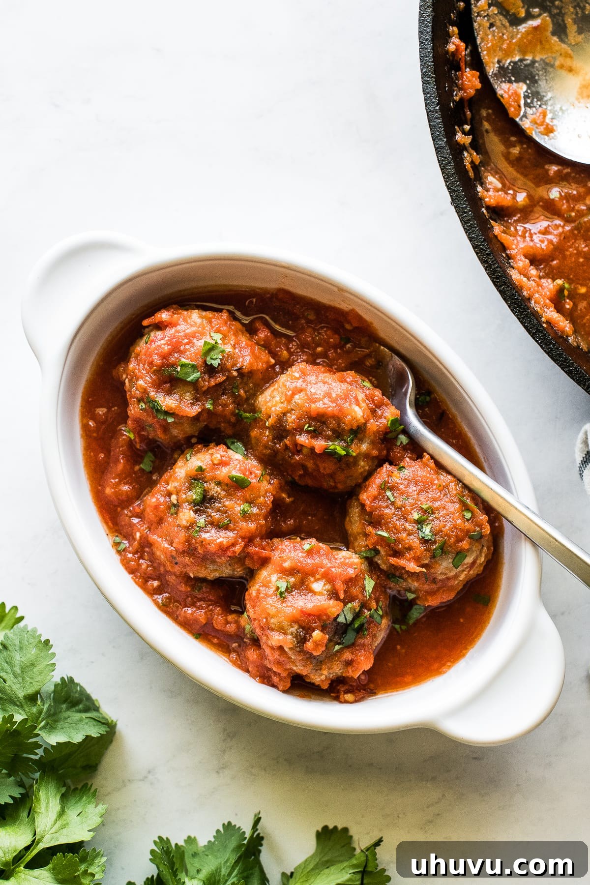Spicy Albondigas 10 A Mexican meatball on a fork, showing the texture and sauce.