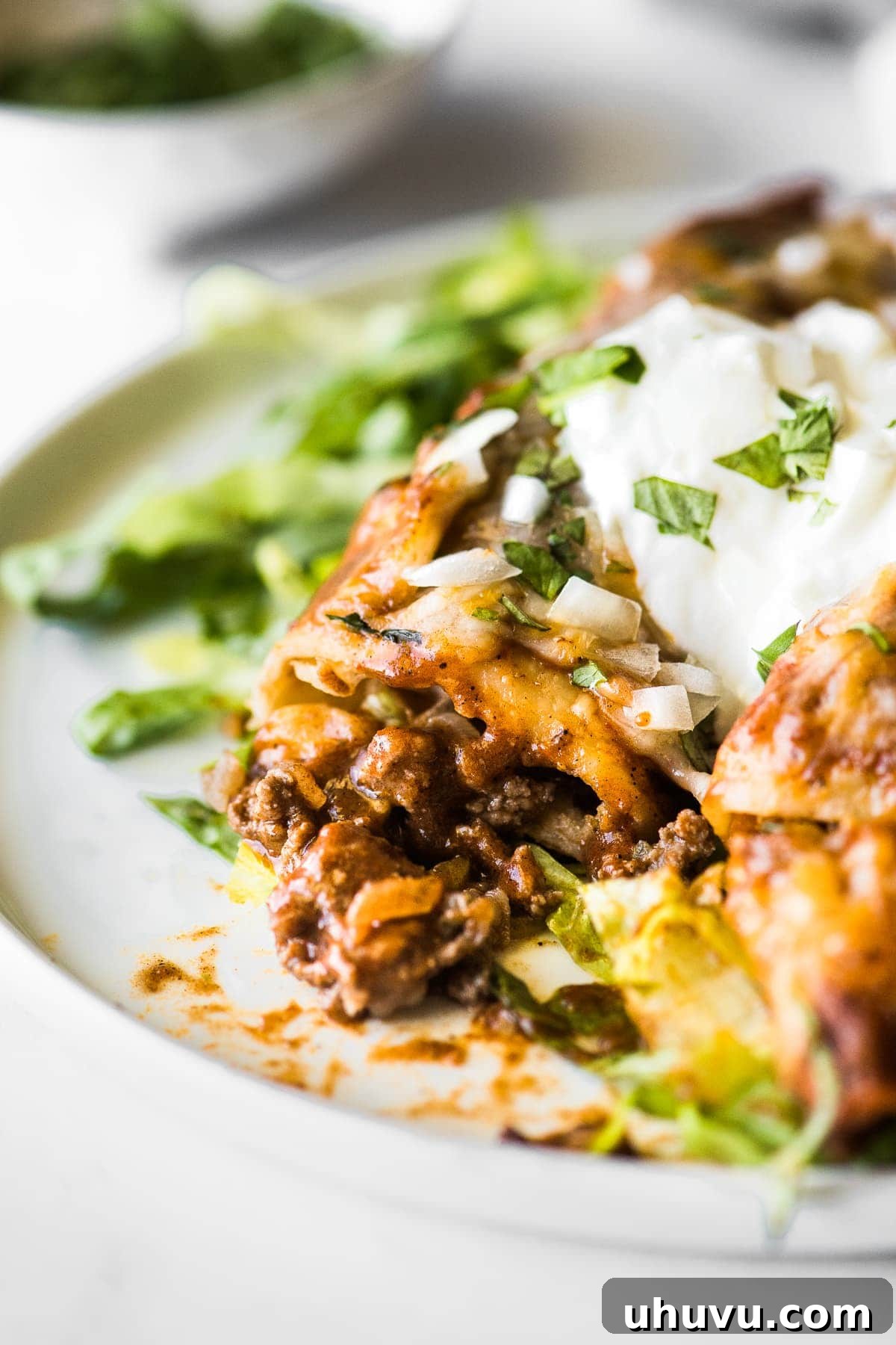 Hearty Beef Enchilada Fiesta 2 Easy beef enchiladas topped with sour cream on a bed of shredded lettuce.