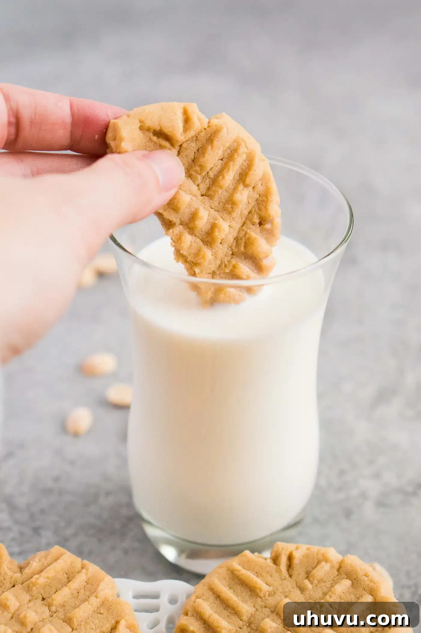 Irresistible Peanut Butter Bites 3 Dipping a freshly baked peanut butter cookie into a glass of cold milk