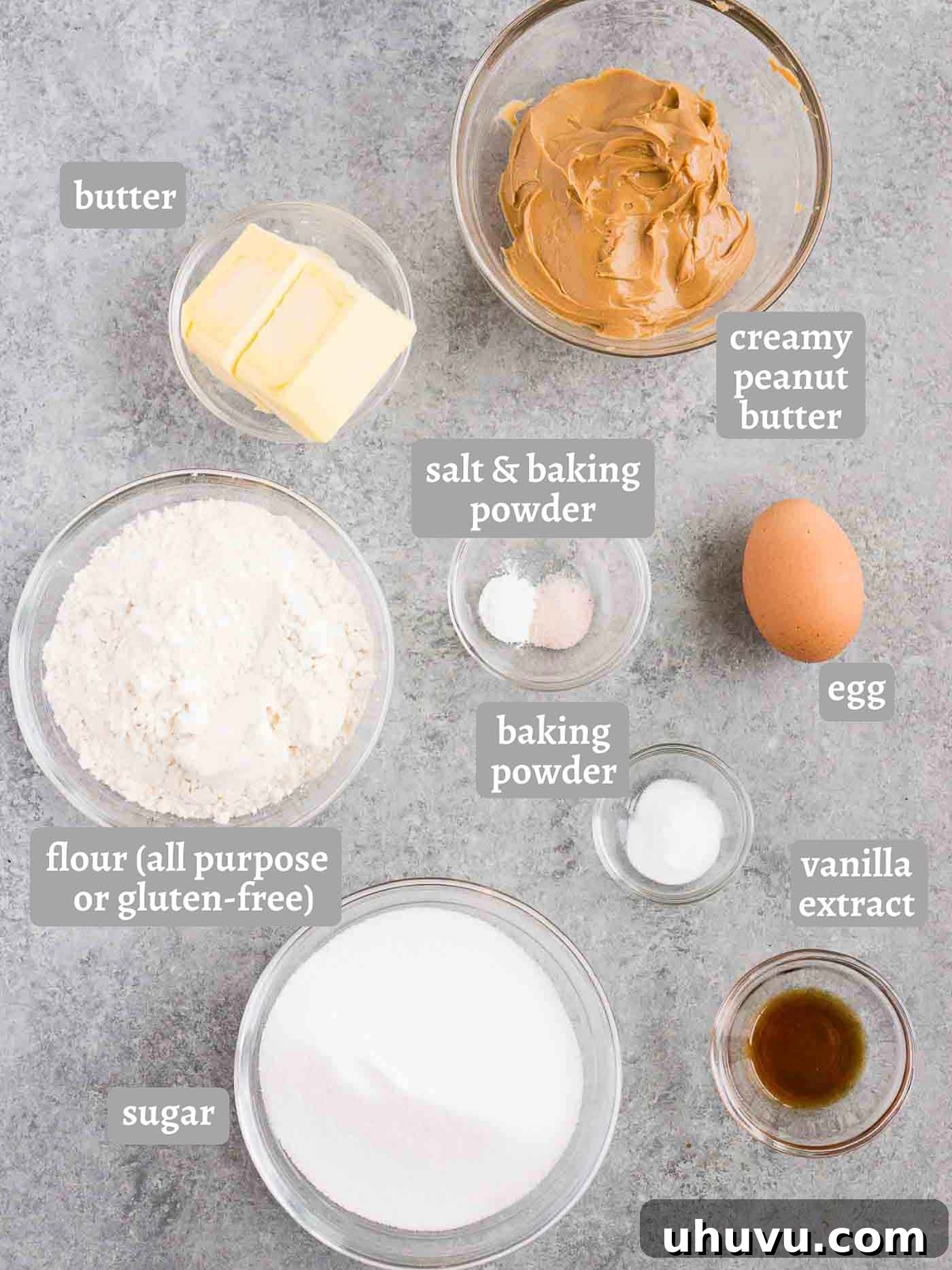 Irresistible Peanut Butter Bites 4 Arrangement of all ingredients needed for making peanut butter cookies on a countertop