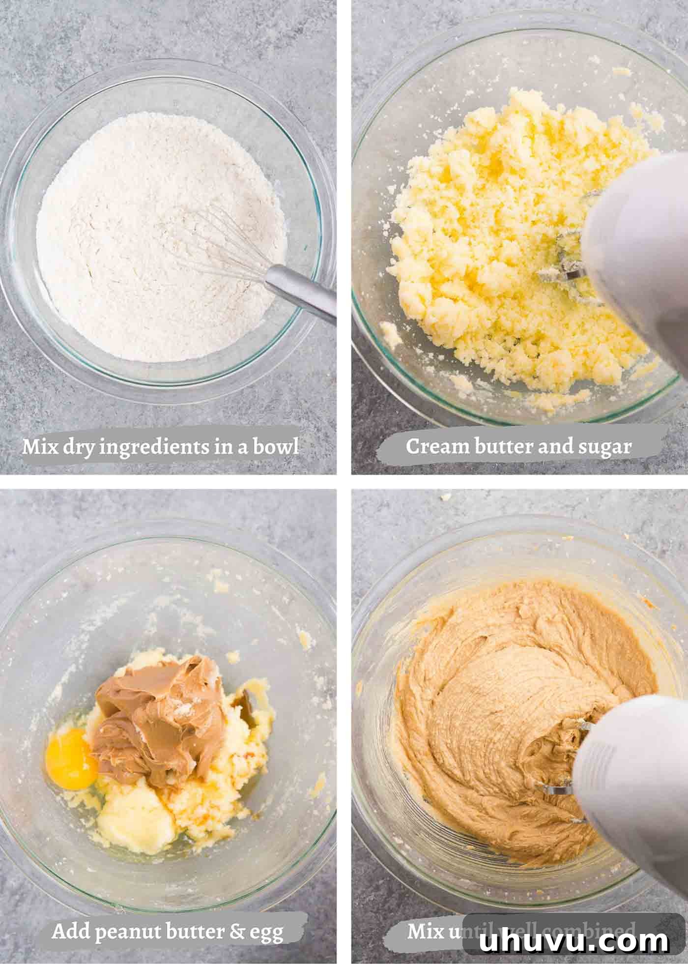 Irresistible Peanut Butter Bites 5 Step-by-step images showing the process of mixing ingredients for peanut butter cookies