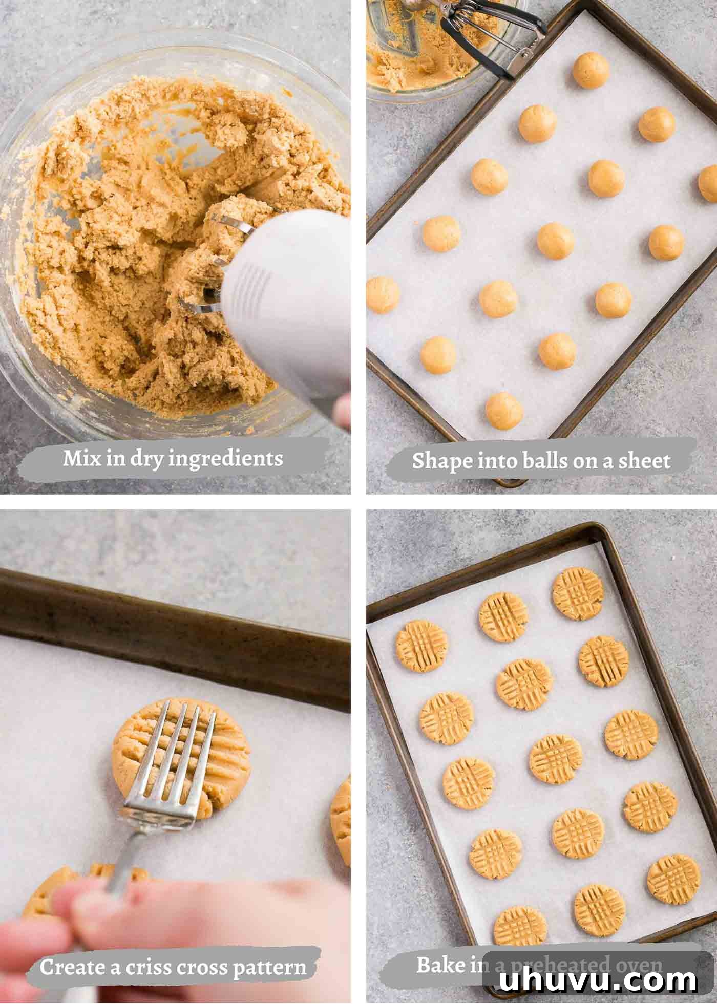 Irresistible Peanut Butter Bites 6 Process images demonstrating forming cookie dough balls and adding criss-cross patterns