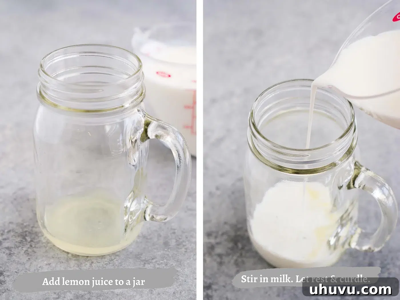 A visual guide showing the process of making buttermilk in a measuring cup